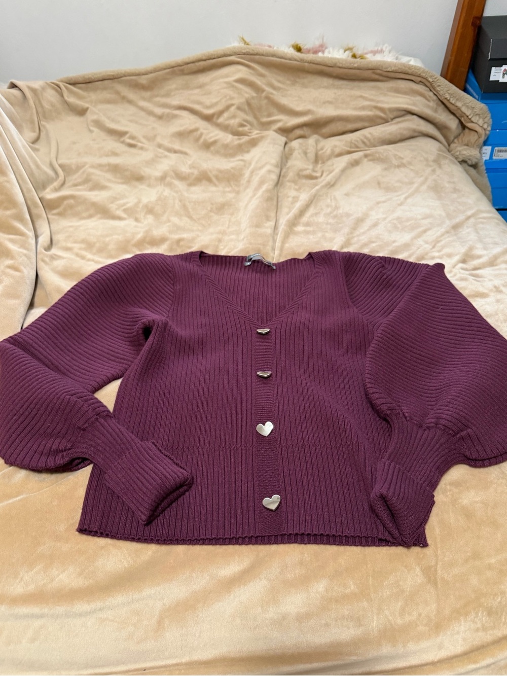 Anthropologie Plum V-Neck Ribbed Cardigan with Heart Buttons Women’s Medium